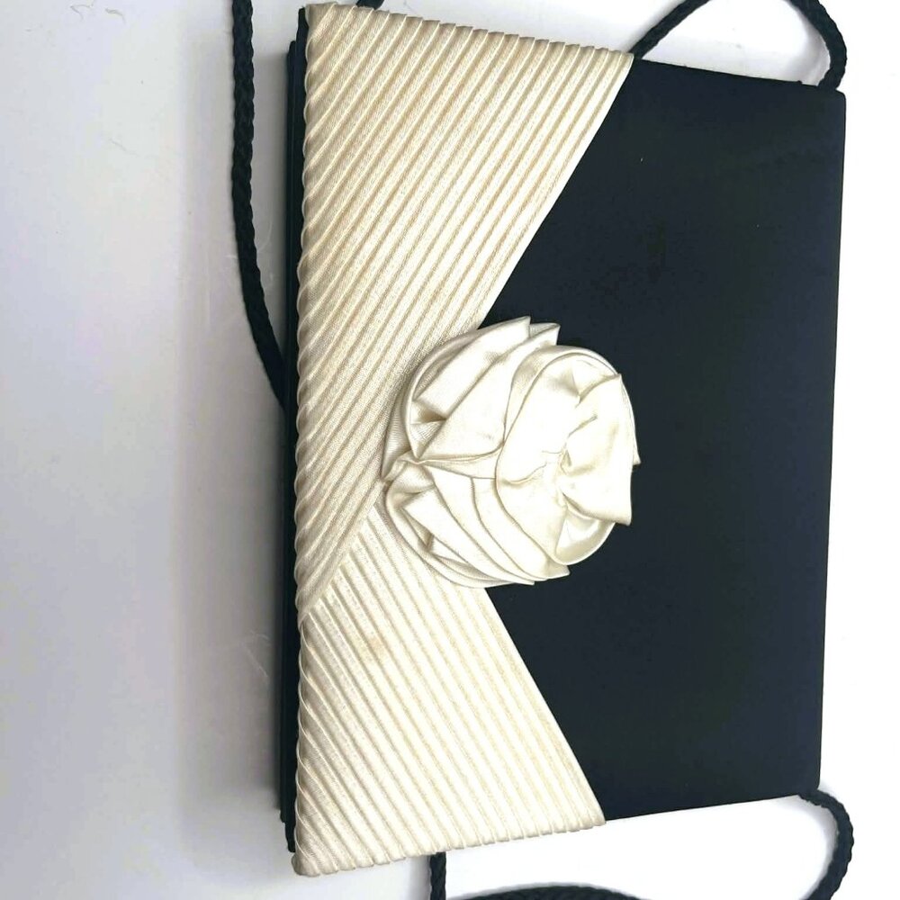 Vintage Satin Evening Clutch Black Ivory Rosette Mini Bag Magnetic Closure